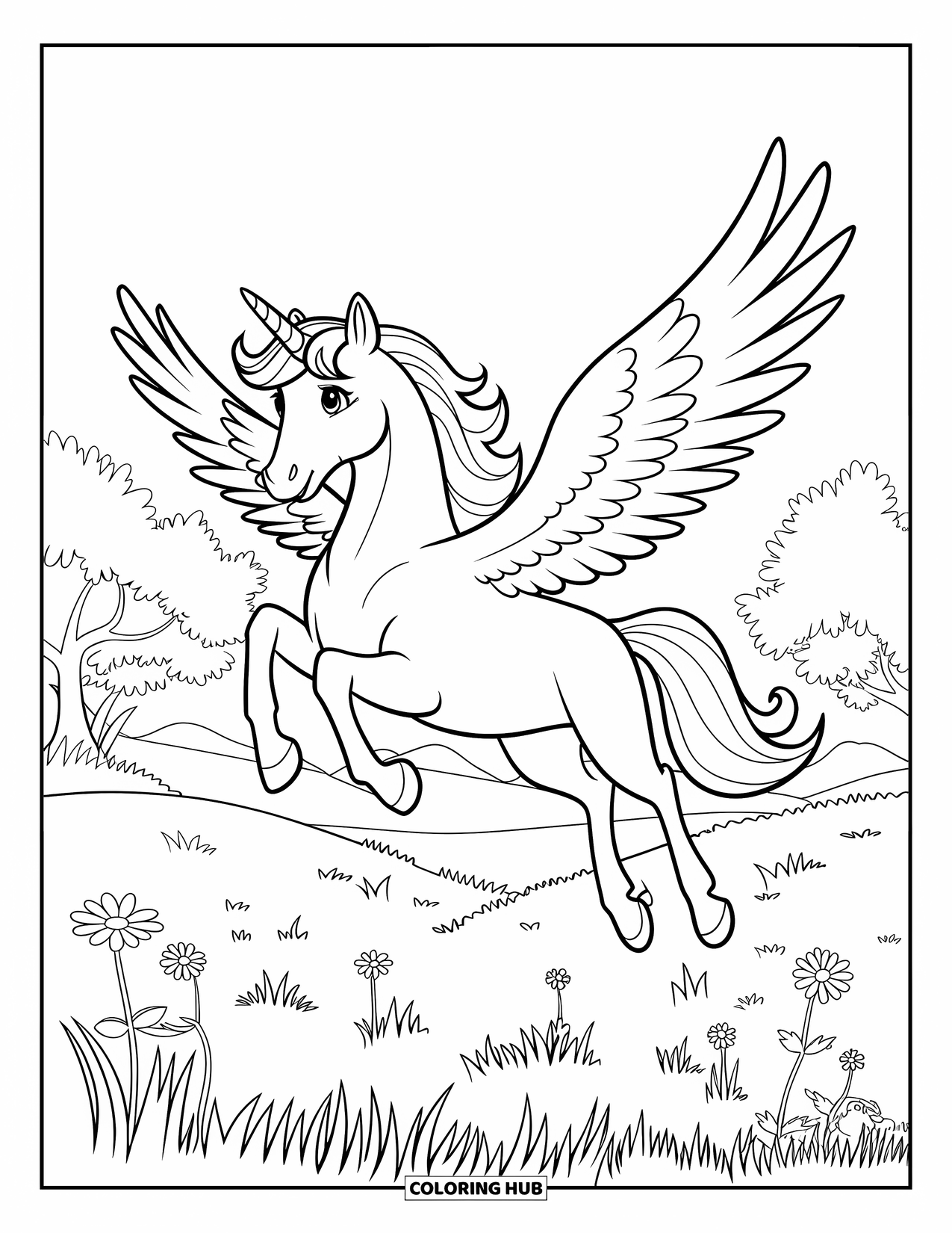 Flying Unicorn Coloring Page for Kids: Unicorn with wings above meadow filled with grass and flowers