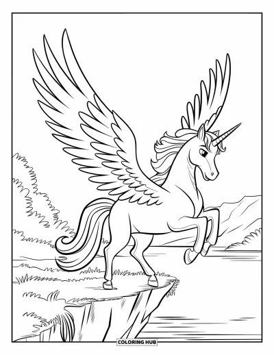 Coloriage de licorne volante pour enfants : Une licorne ailée qui galope au bord d'une falaise près d'un lac paisible