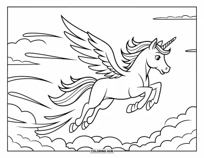 Coloriage de licorne volante pour enfants : Une licorne ailée qui plonge en laissant des sillages tourbillonnants parmi des nuages duveteux