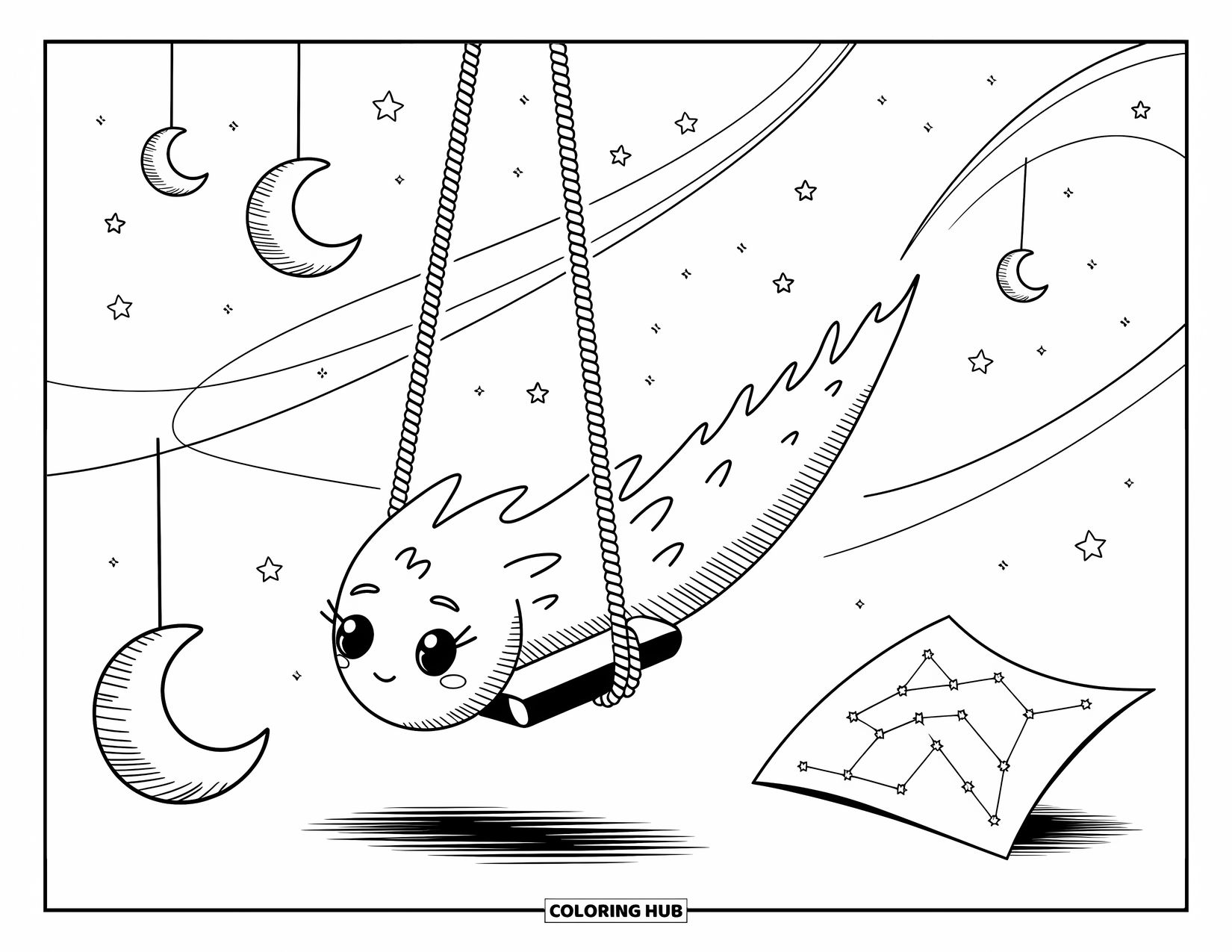 Galaxy Space Coloring Page for Adults: A comet becomes a swing as stars and lanterns drift through space