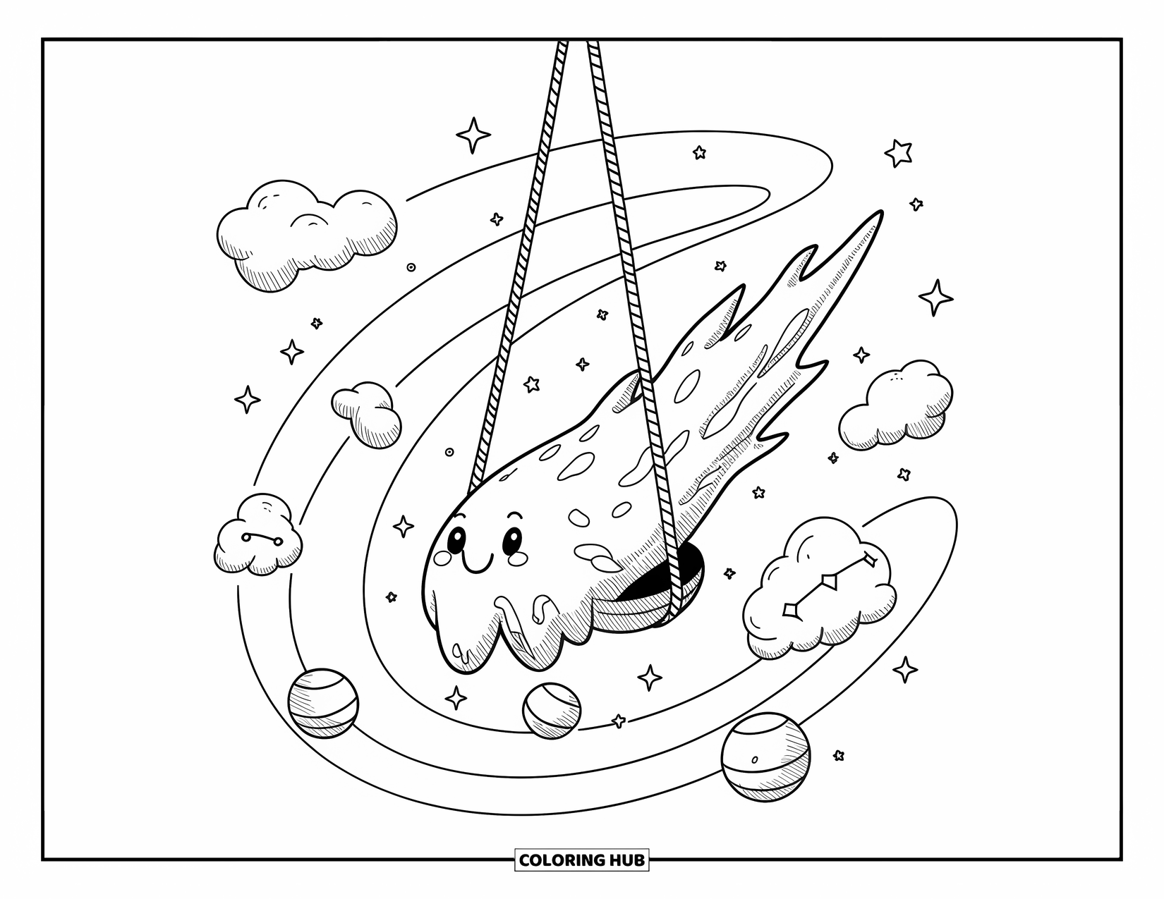 Galaxy Space Coloring Page for Adults: A comet swing drifts through stars with lanterns and a tiny constellation map