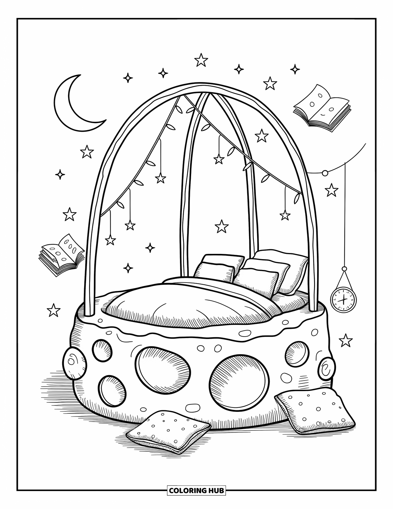 Galaxy Space Coloring Page for Adults: A cozy moon bed with star lights floats with pillows and books