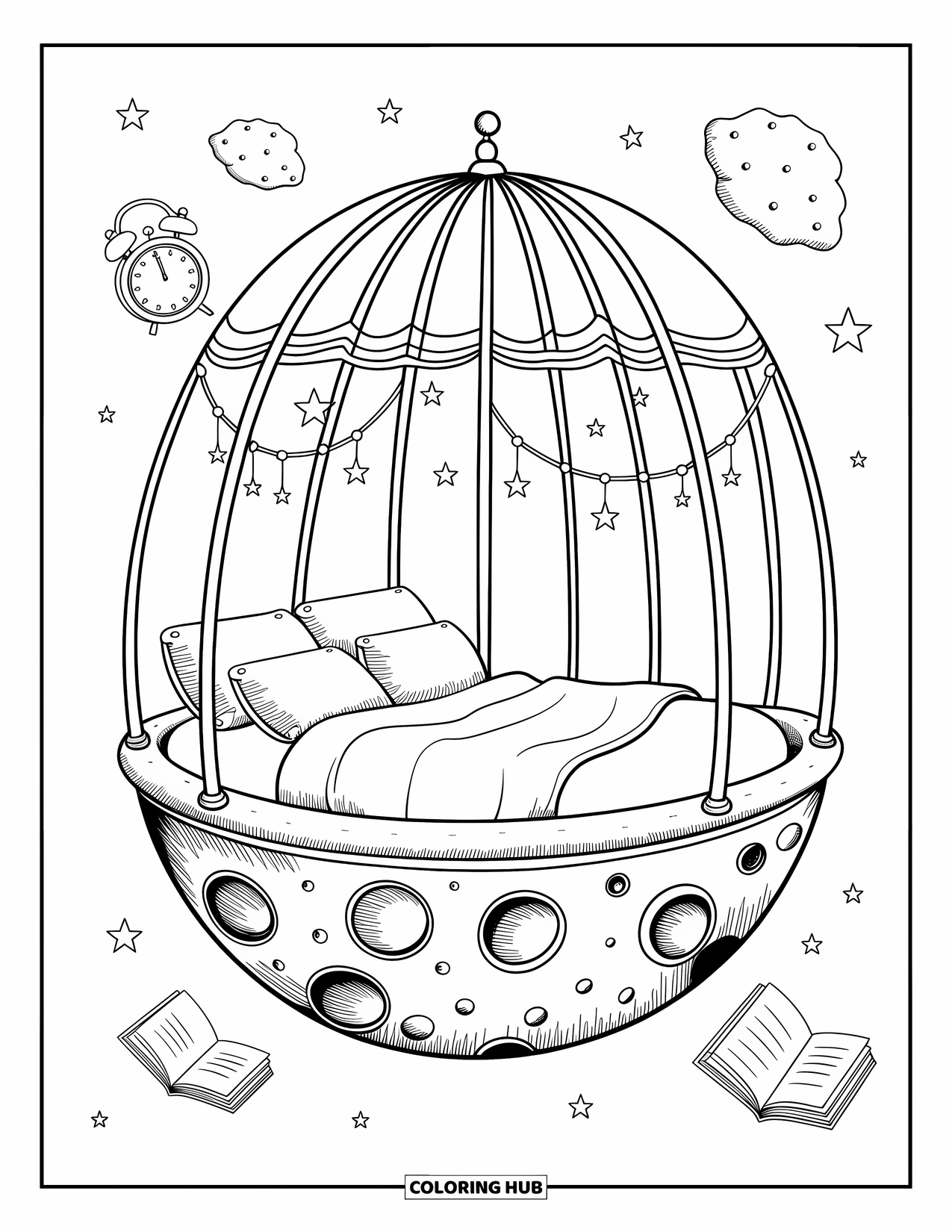 Galaxy Space Coloring Page for Adults: A crater bed on the moon glows with floating pillows and star mobiles