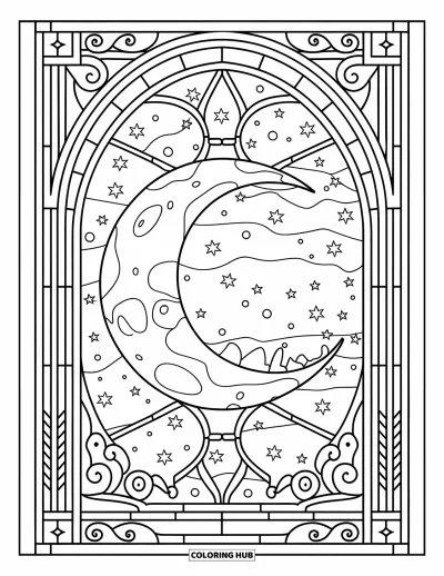 Galaxy Space Coloring Page for Adults: A cratered moon is framed in stained glass patterns with stars