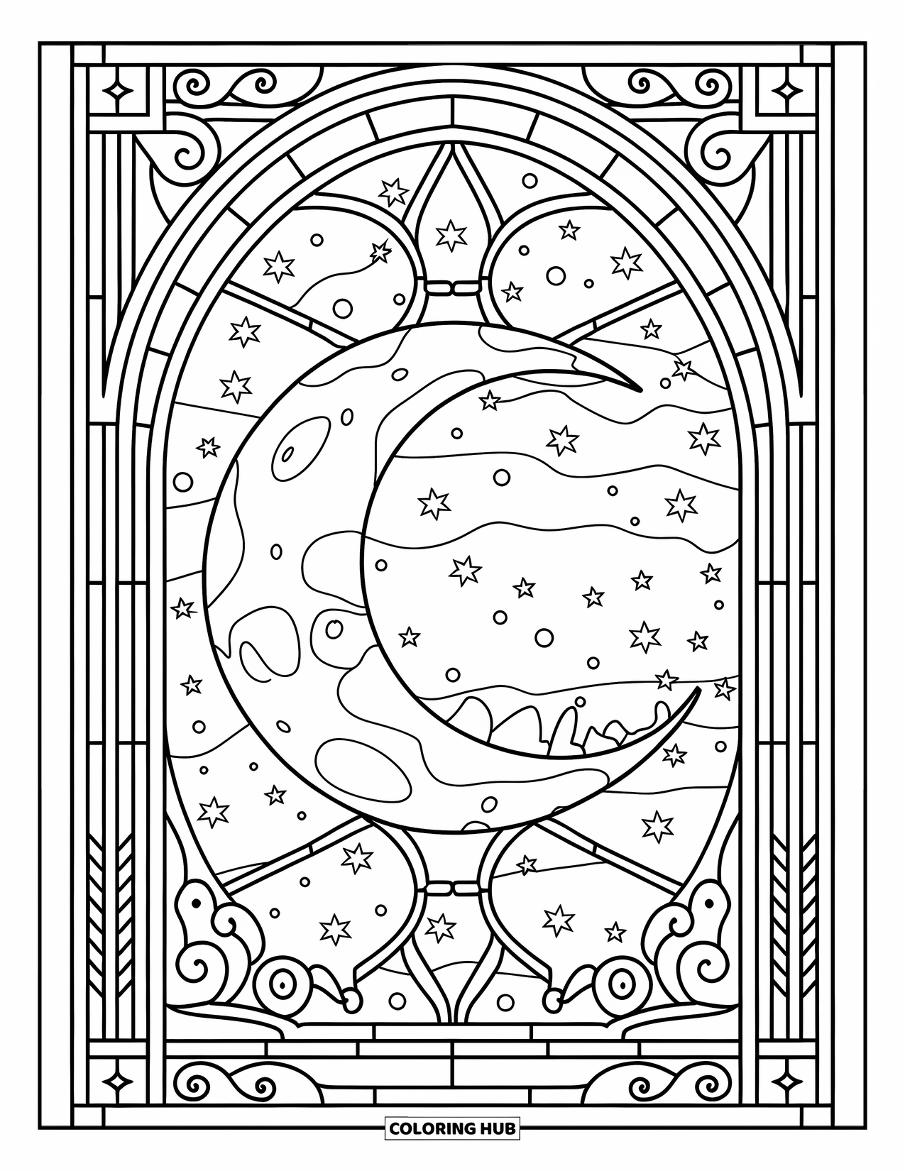 Galaxy Space Coloring Page for Adults: A cratered moon is framed in stained glass patterns with stars