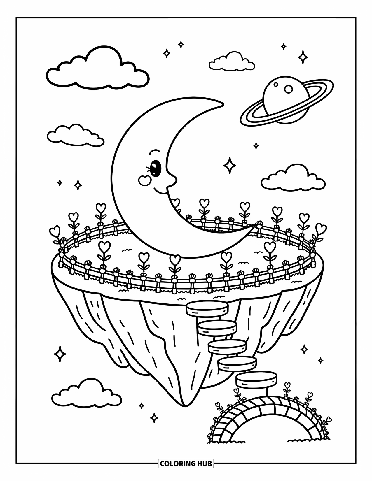 Galaxy Space Coloring Page for Adults: A moon rests on an island surrounded by flowers and cloud puffs