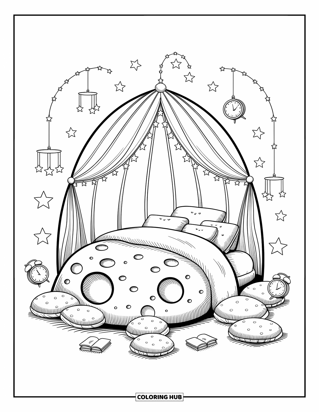 Galaxy Space Coloring Page for Adults: A moon rock bed rests beneath a canopy of twinkling star lights