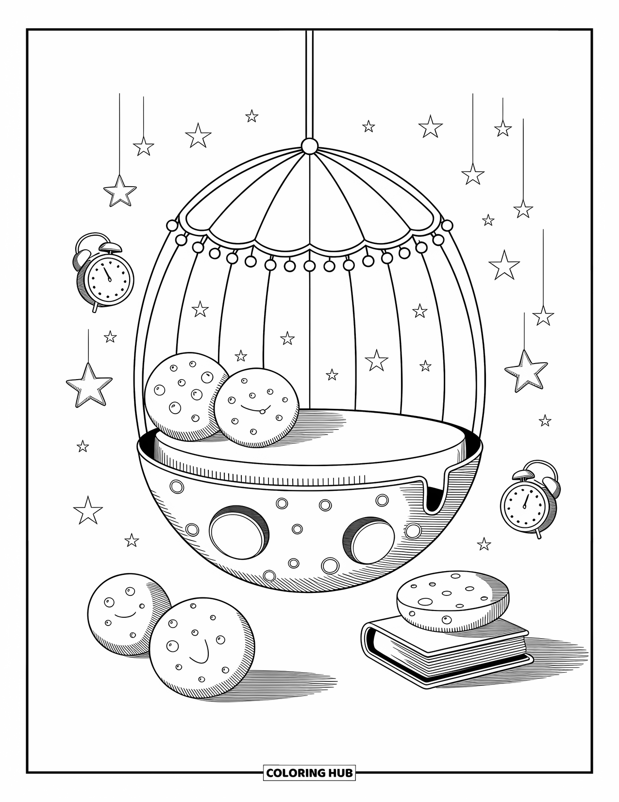 Galaxy Space Coloring Page for Adults: A moon rock bed with lights is surrounded by dreamy pillows and books
