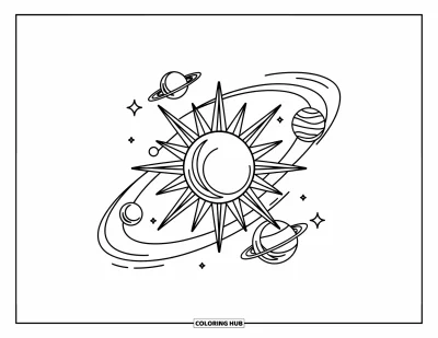 Galaxy Space Coloring Page for Adults: A radiant sun with orbiting planets is framed by floral vines