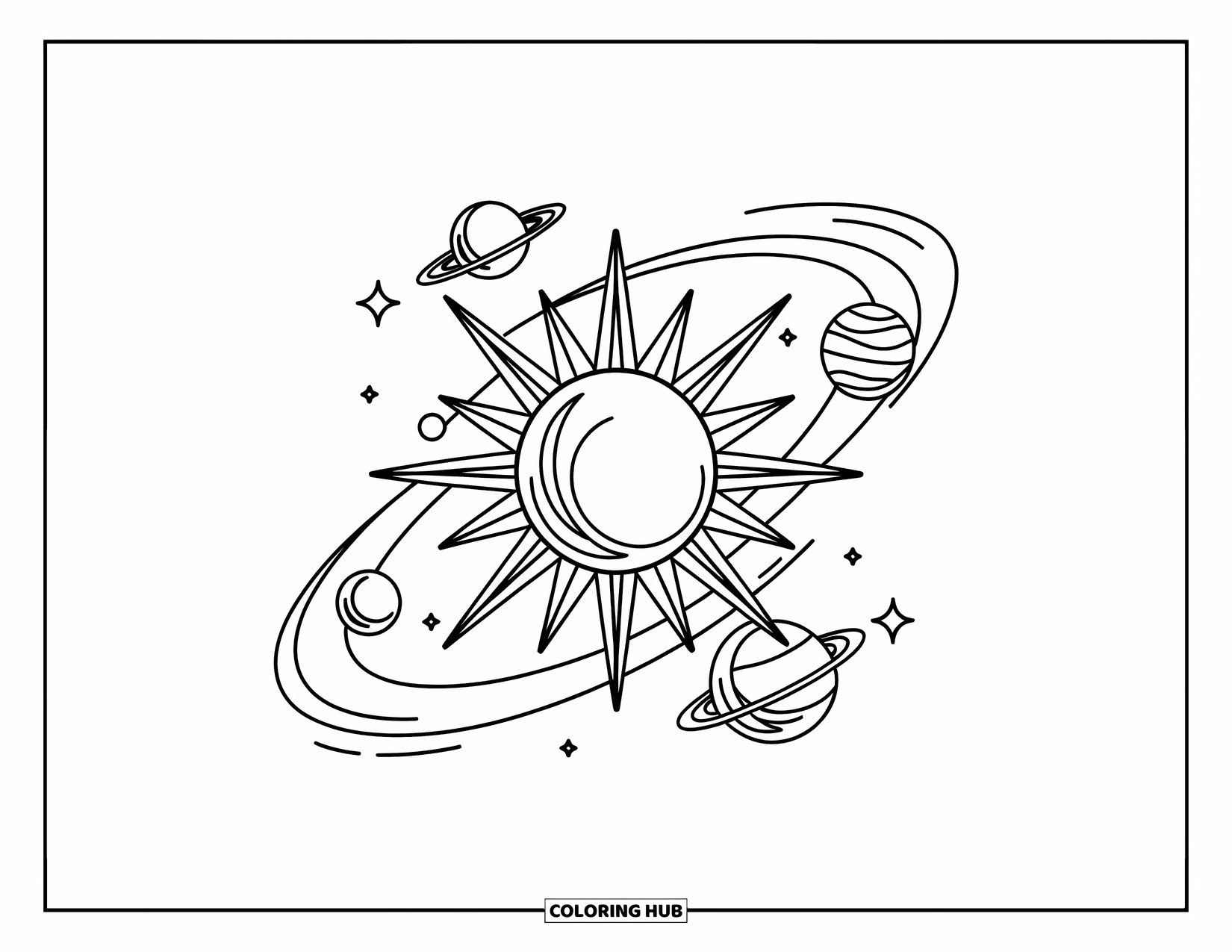 Galaxy Space Coloring Page for Adults: A radiant sun with orbiting planets is framed by floral vines