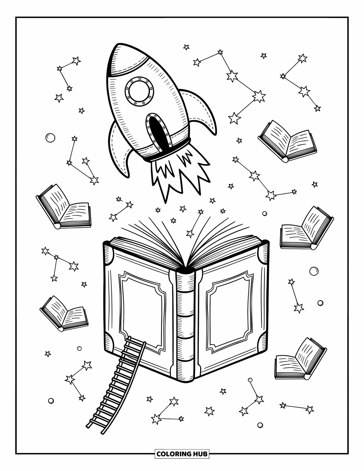 Galaxy Space Coloring Page for Adults: A rocket and book planet share floating books, shelves, and bookmarks