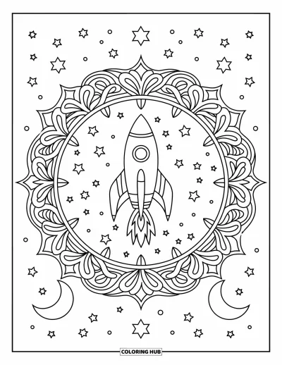 Galaxy Space Coloring Page for Adults: A rocket ship is framed within an ornate floral circle under the stars