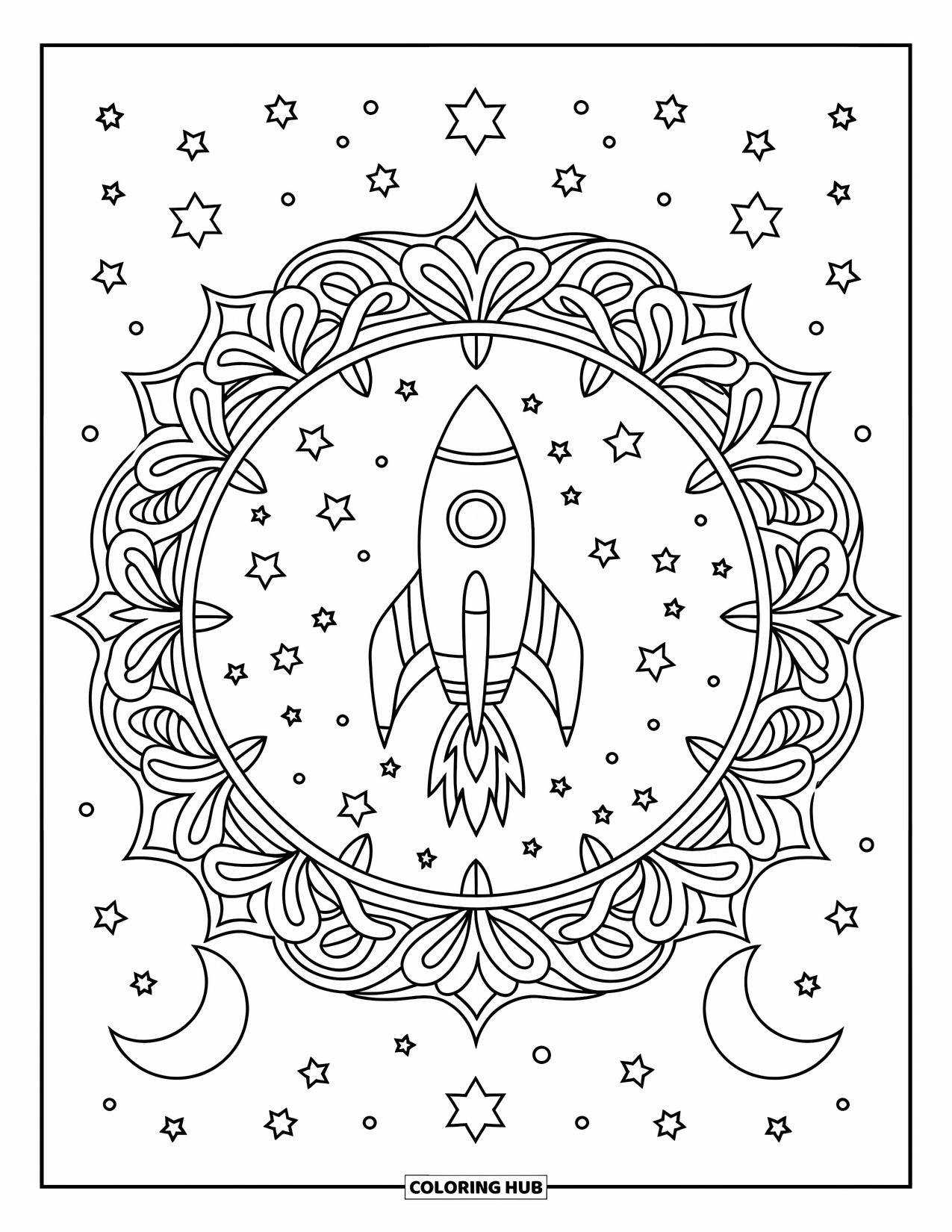 Galaxy Space Coloring Page for Adults: A rocket ship is framed within an ornate floral circle under the stars