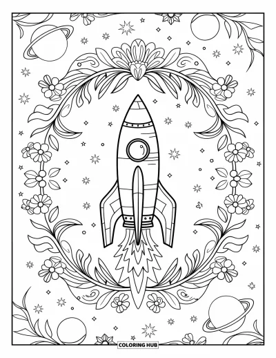 Galaxy Space Coloring Page for Adults: A rocket ship with fins sits in a floral frame beneath stars and planets