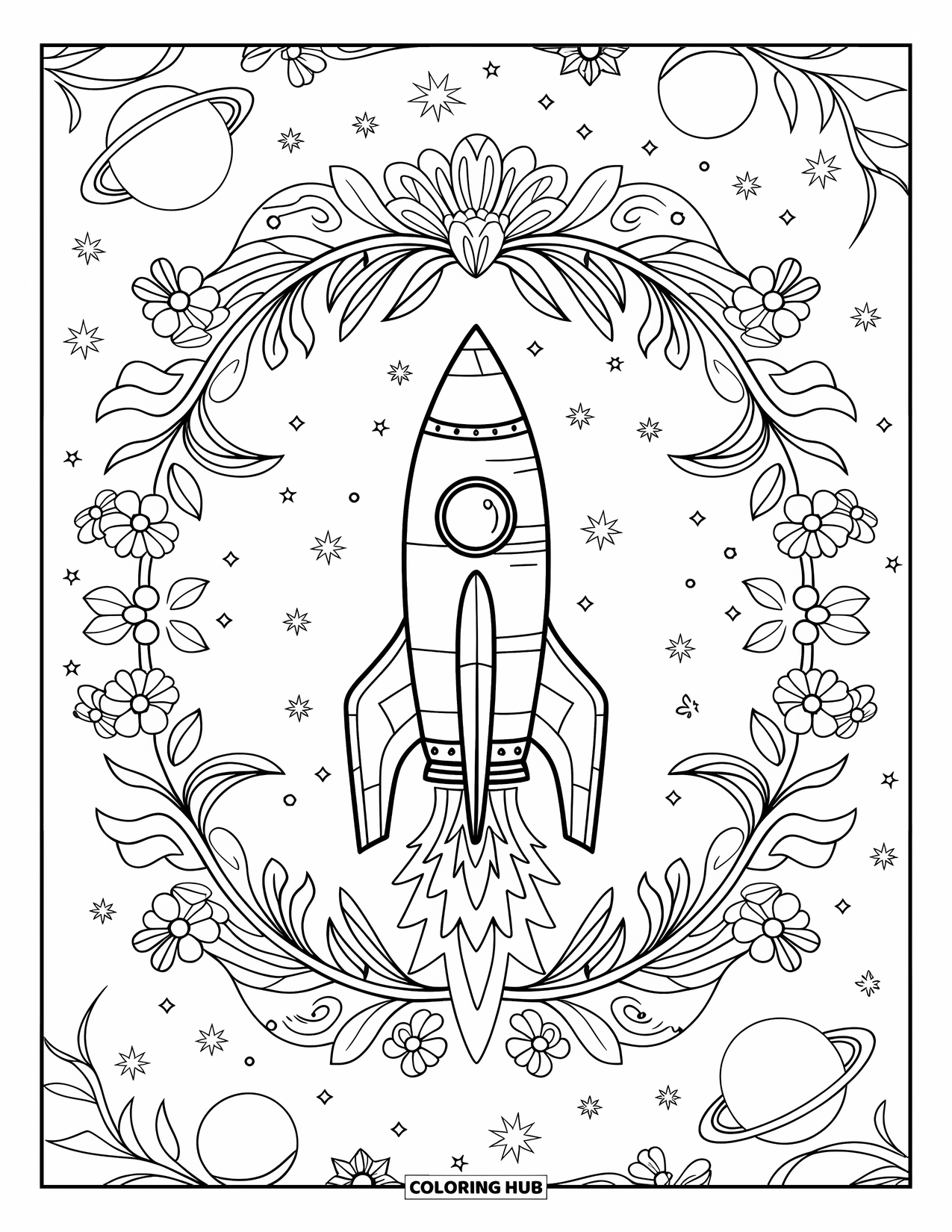 Galaxy Space Coloring Page for Adults: A rocket ship with fins sits in a floral frame beneath stars and planets