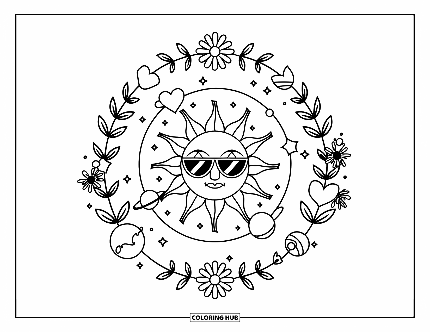 Galaxy Space Coloring Page for Adults: A smiling sun with planets orbits among flowers and vines
