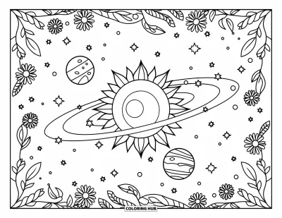 Galaxy Space Coloring Page for Adults: A stylized sun with orbiting planets is circled by bold flowers and vines