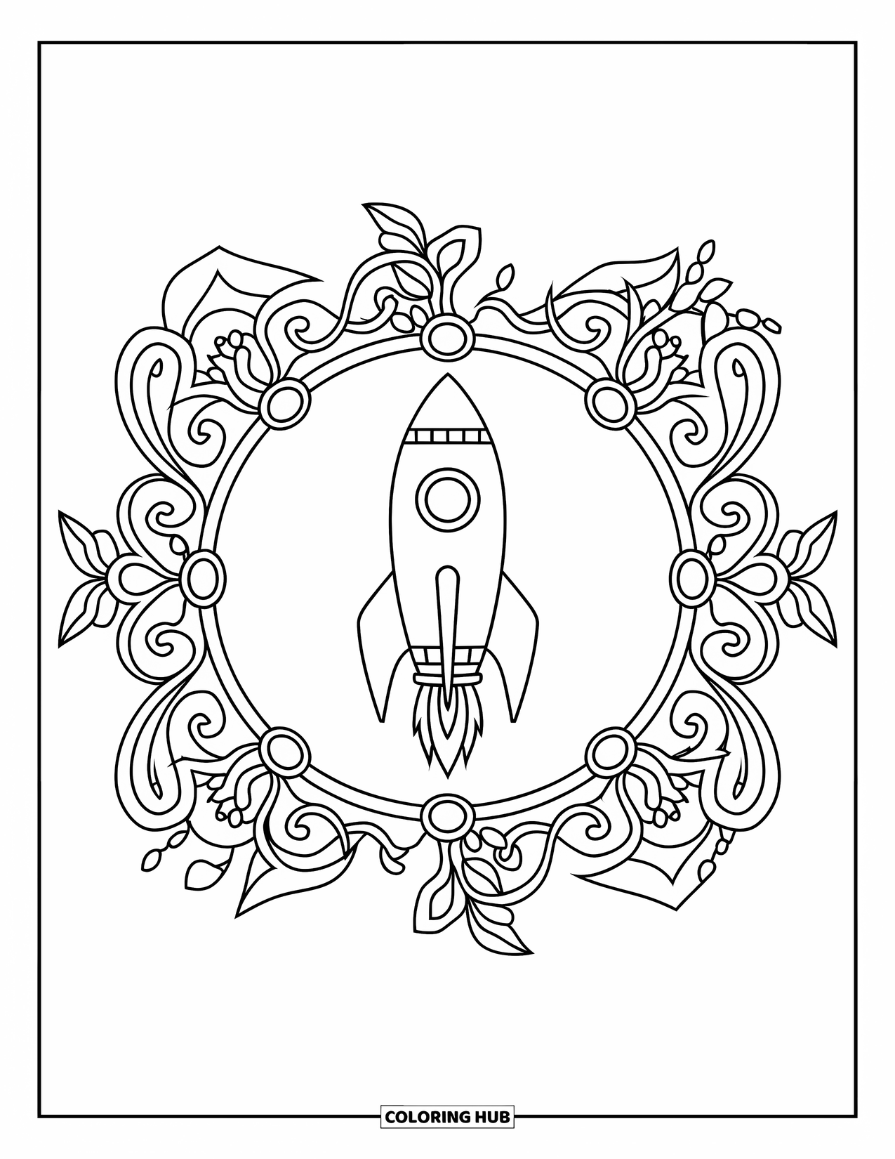Galaxy Space Coloring Page for Adults: A vintage rocket ship rests within a floral frame of leaves and vines