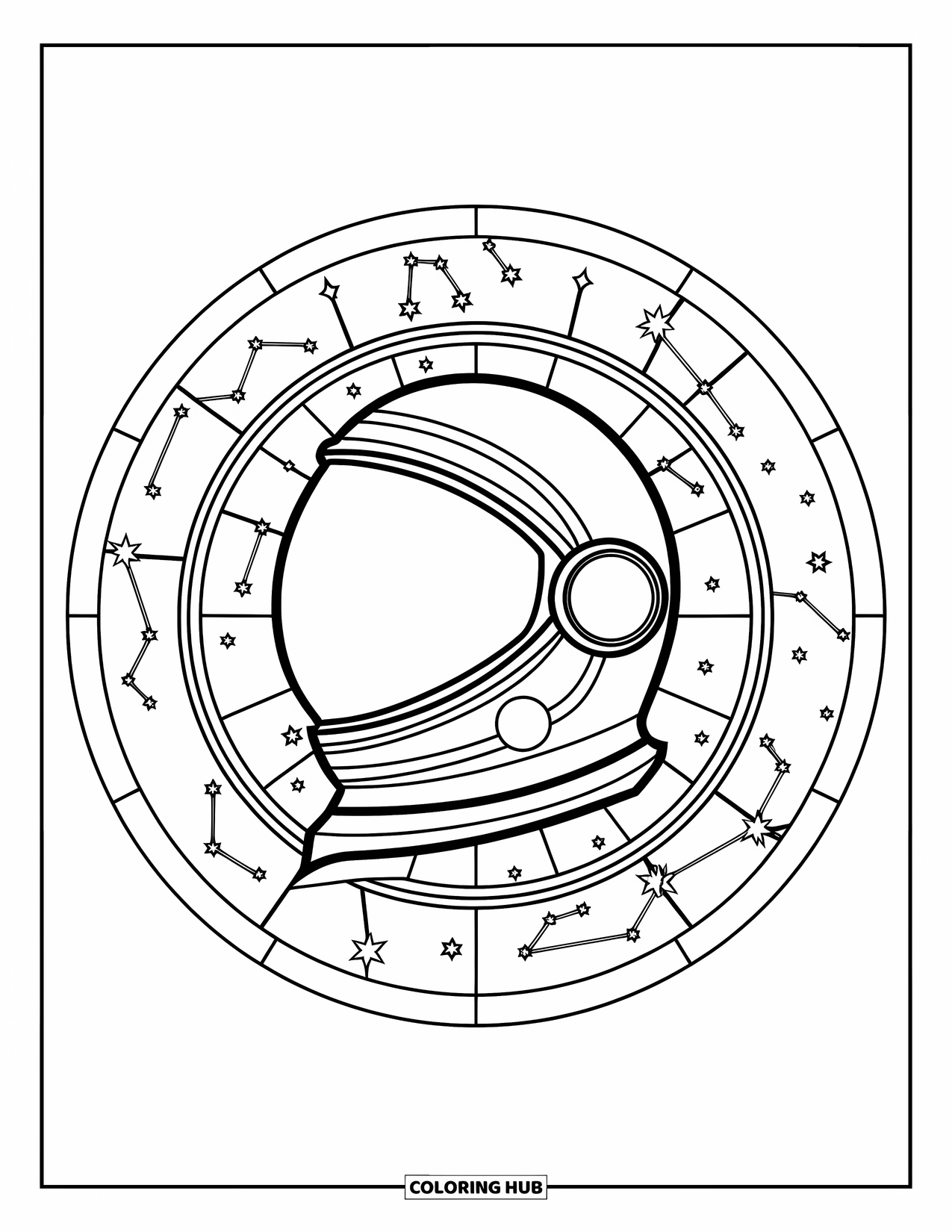 Galaxy Space Coloring Page for Adults: An astronaut helmet is framed by stained glass constellation lines