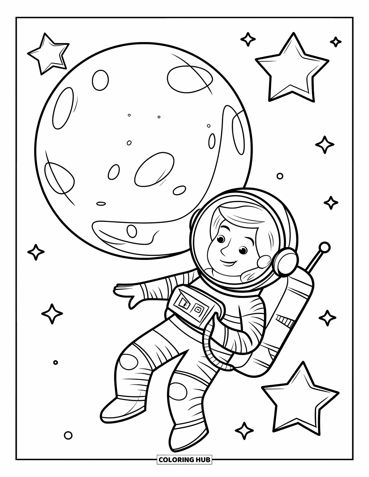 Galaxy Space Coloring Page for Kids: A happy astronaut drifts near a cratered planet and stars