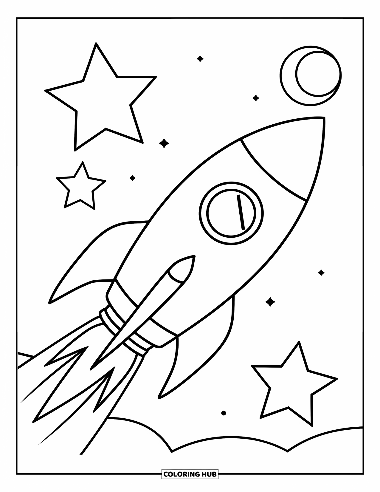 Galaxy Space Coloring Page for Kids: A rocket blasts off with stars and the moon above