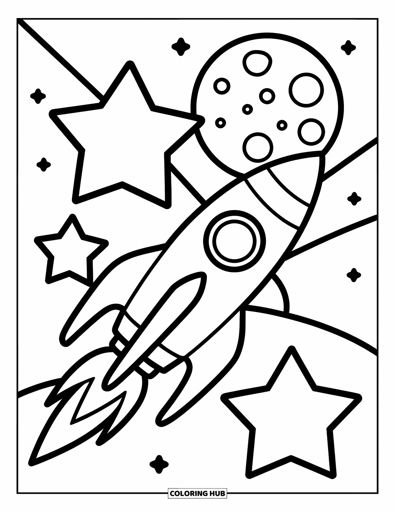 Galaxy Space Coloring Page for Kids: A rocket climbs past stars and a cratered moon
