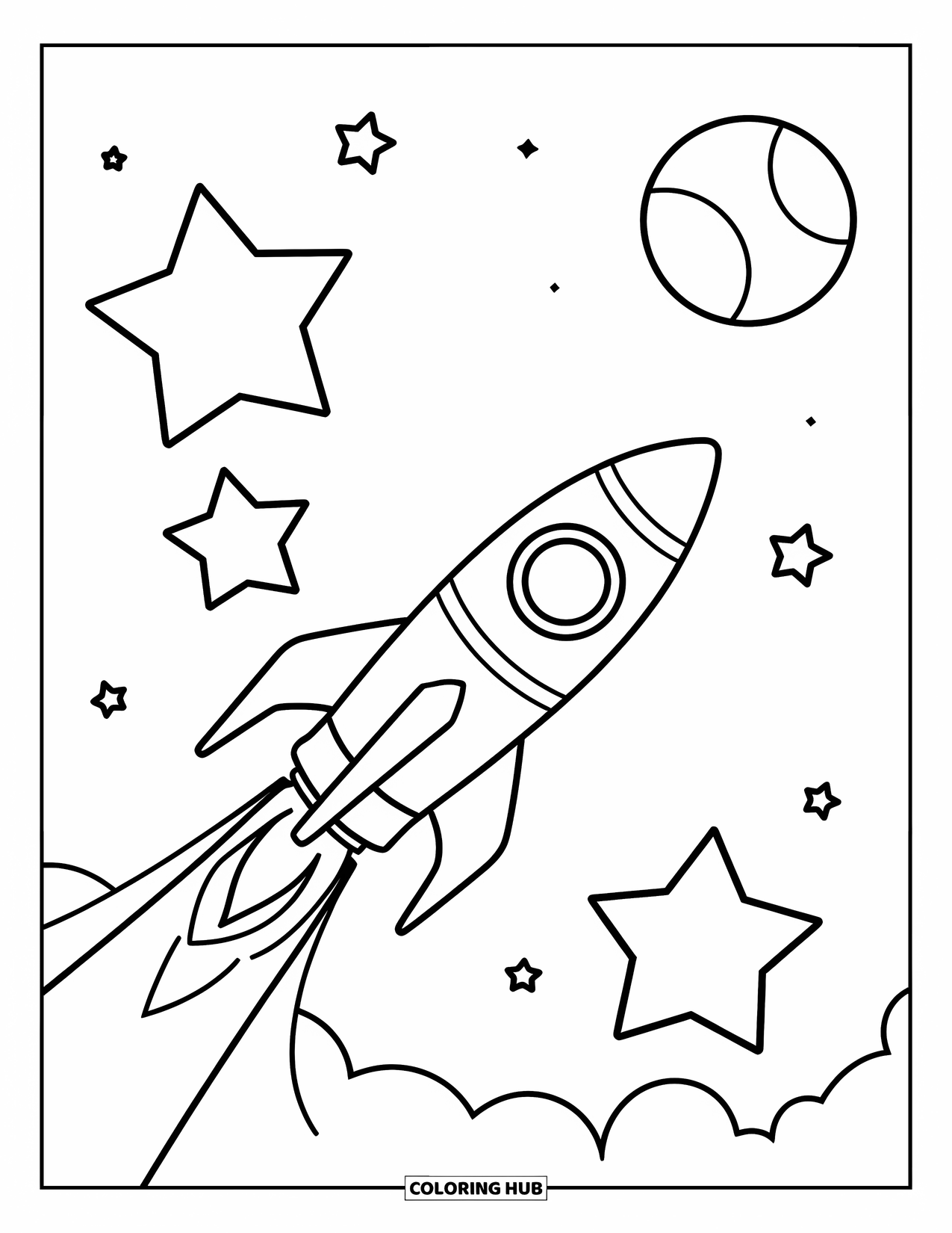 Galaxy Space Coloring Page for Kids: A rocket soars past stars and a crescent moon