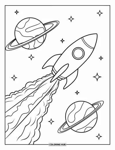 Galaxy Space Coloring Page for Kids: A rocket speeds past planets with bold smoke trails