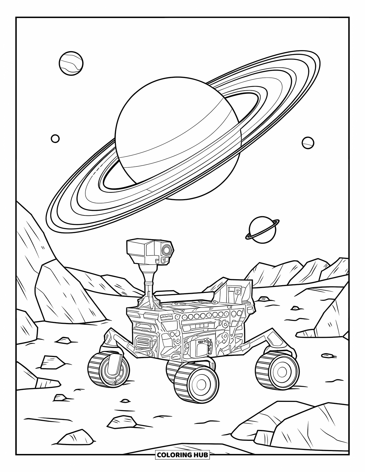 Galaxy Space Coloring Page for Kids: A rover drives rocky terrain under Saturn's icy rings