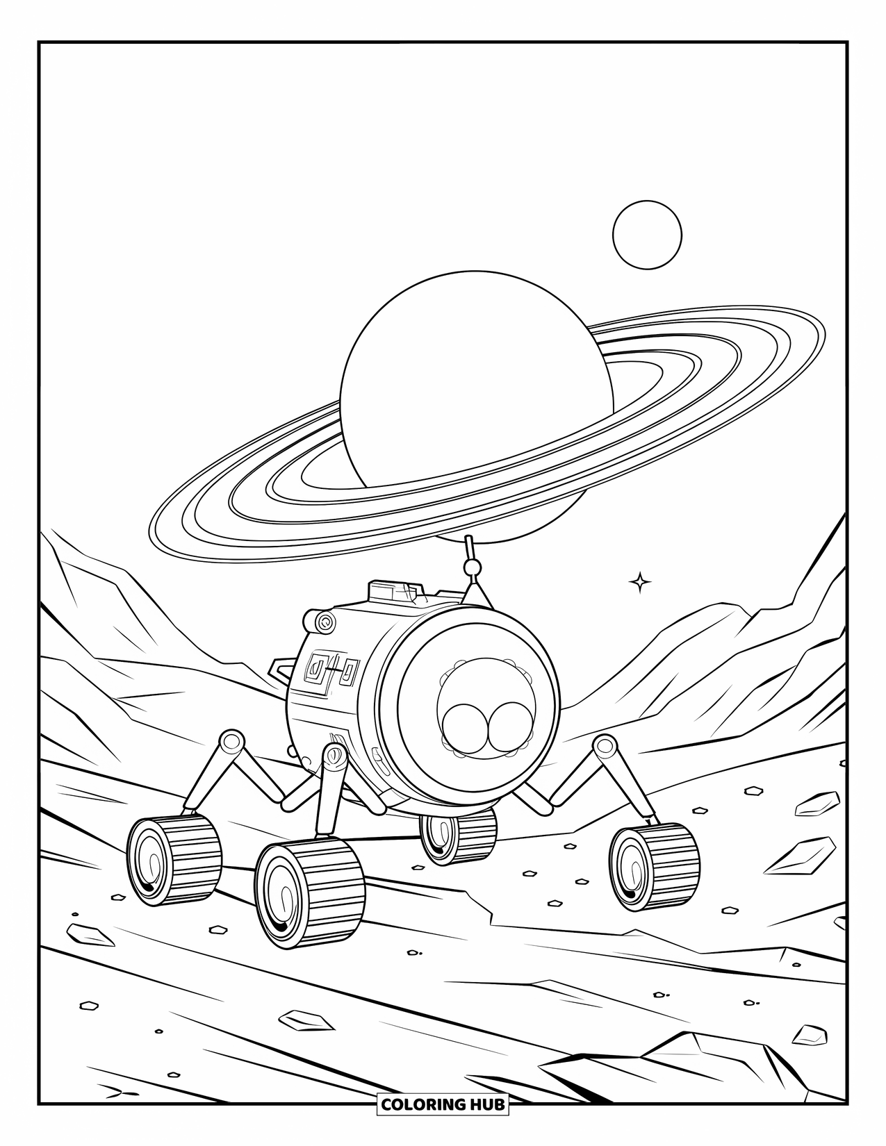 Galaxy Space Coloring Page for Kids: A rover explores craters with Saturn's rings above