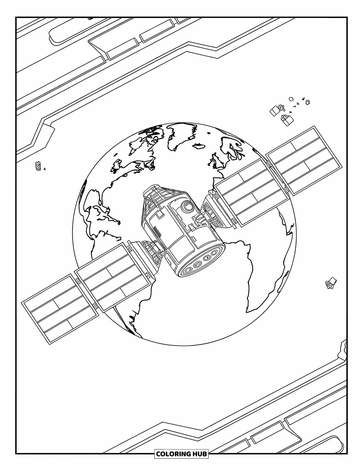 Galaxy Space Coloring Page for Kids: A satellite circles Earth as debris floats and stars shine