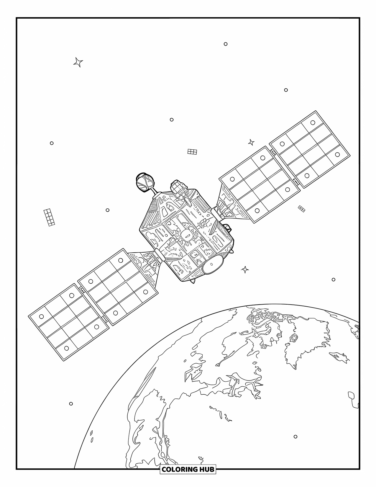 Galaxy Space Coloring Page for Kids: A satellite floats above Earth surrounded by stars and space junk