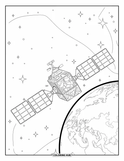 Galaxy Space Coloring Page for Kids: A satellite orbits Earth with faint continents and nearby debris