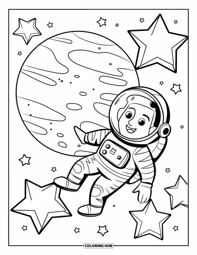 Galaxy Space Coloring Page for Kids: A smiling astronaut floats near a planet with bright stars