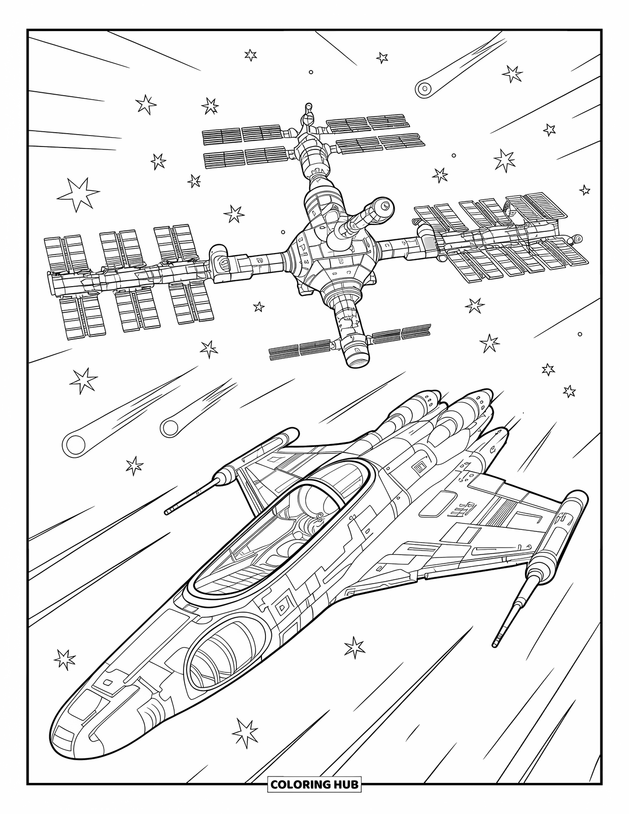 Galaxy Space Coloring Page for Kids: A spaceship heads to a modular station glowing with stars