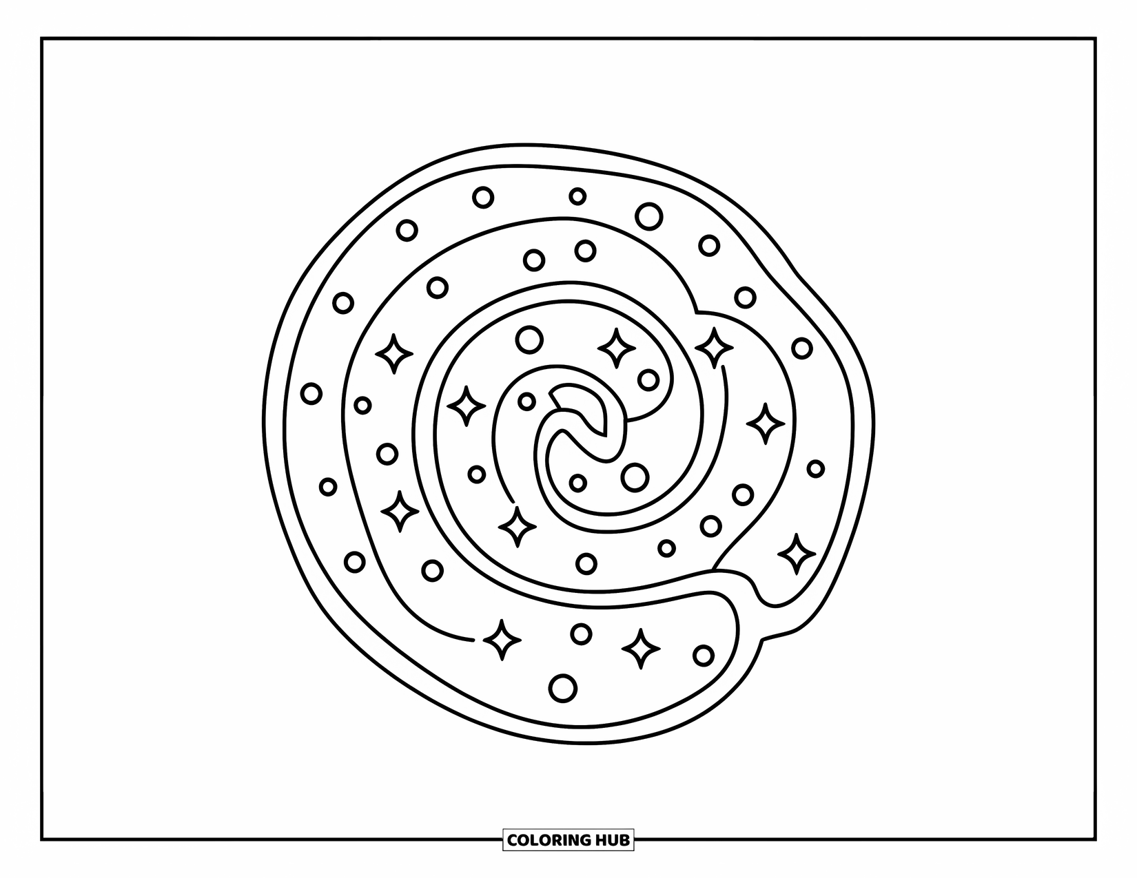 Galaxy Space Coloring Page for Kids: A spiral galaxy swirls with five arms and dotted stars