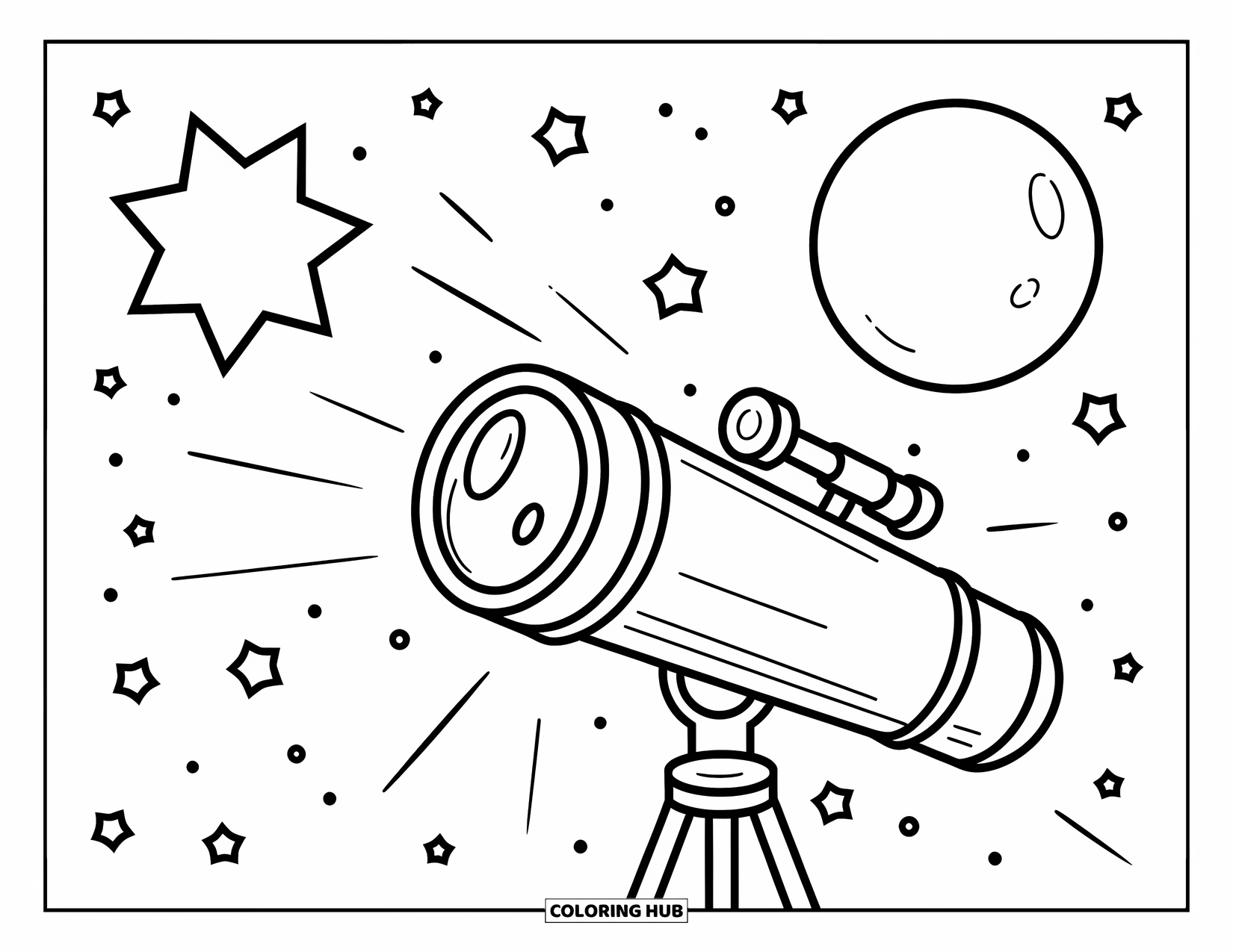 Galaxy Space Coloring Page for Kids: A telescope aims at a glowing star and large moon