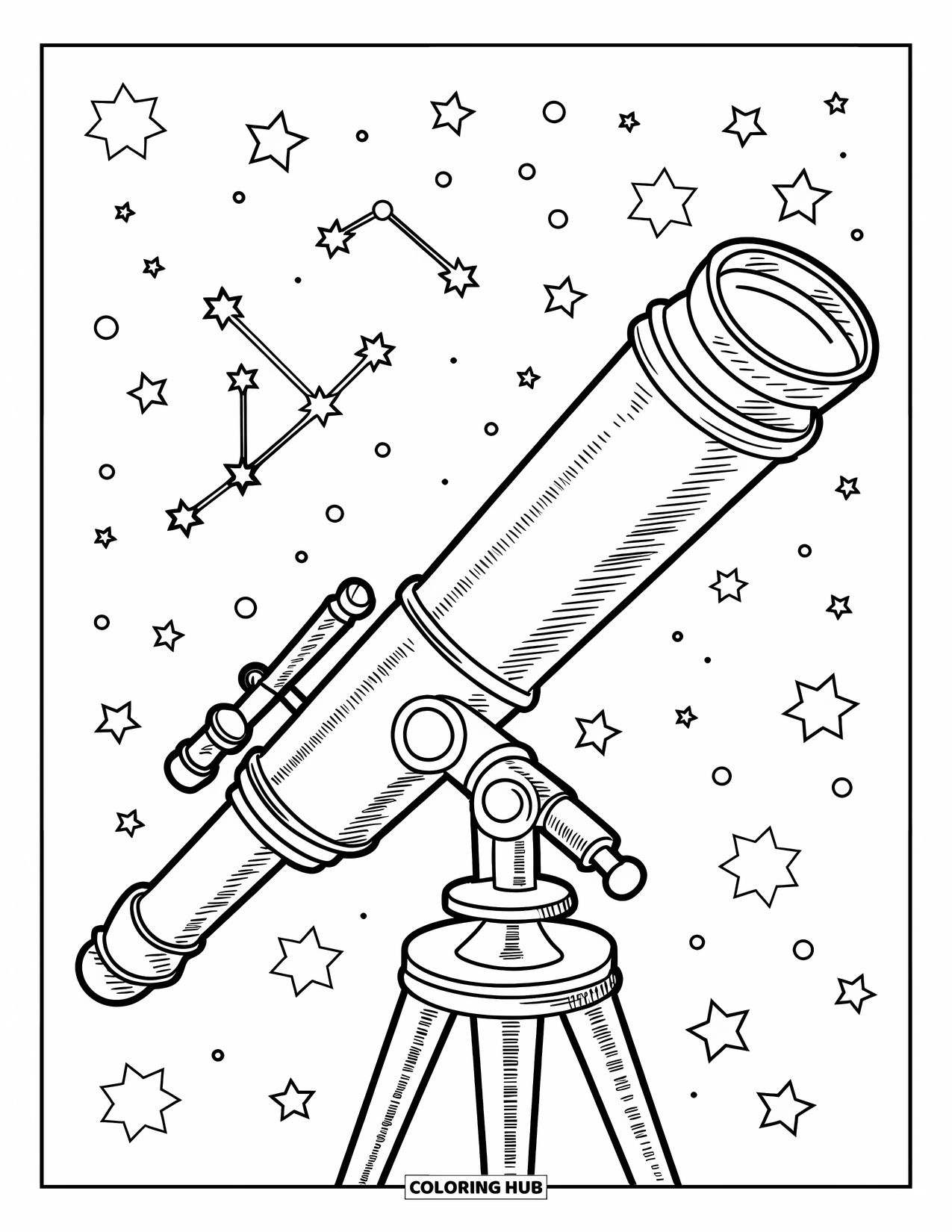 Galaxy Space Coloring Page for Kids: A telescope aims at constellations beneath a star-filled sky