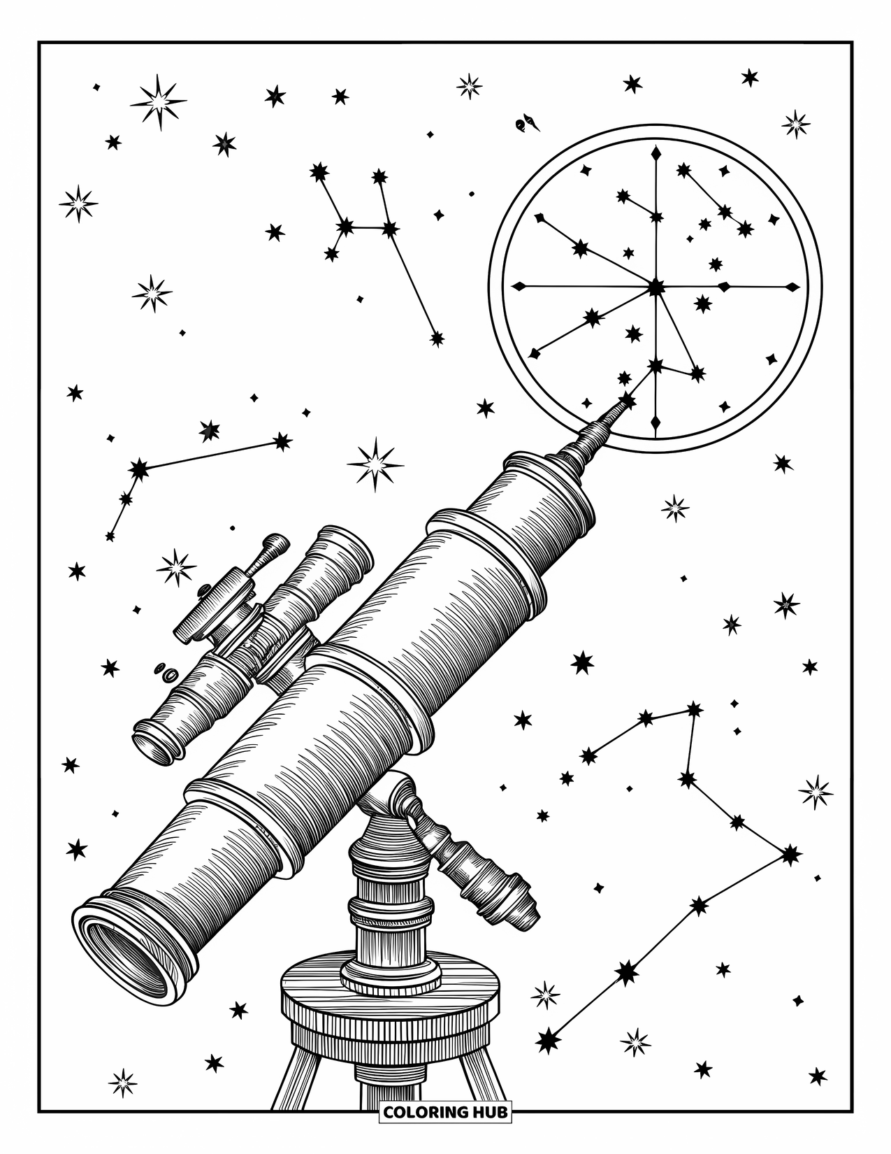 Galaxy Space Coloring Page for Kids: A telescope points upward toward constellations in the night