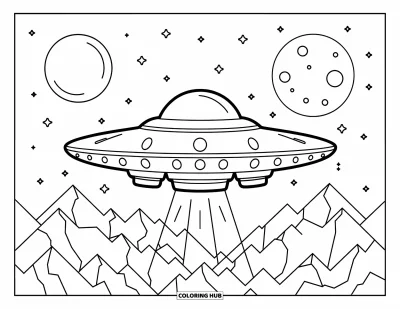 Galaxy Space Coloring Page for Kids: A UFO glows above mountains under a bright moon and stars