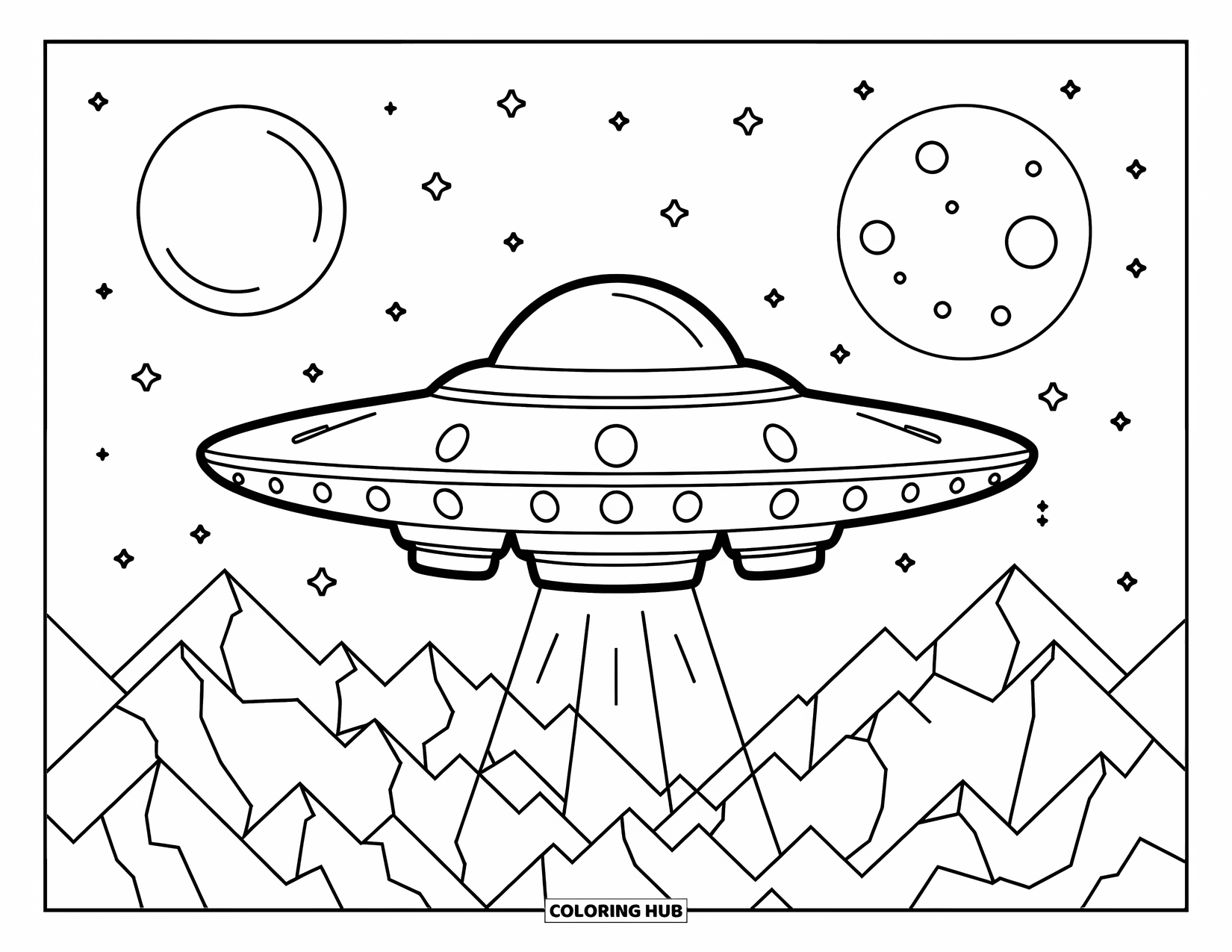 Galaxy Space Coloring Page for Kids: A UFO glows above mountains under a bright moon and stars