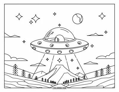 Galaxy Space Coloring Page for Kids: A UFO hovers above a mountain with stars and a moon
