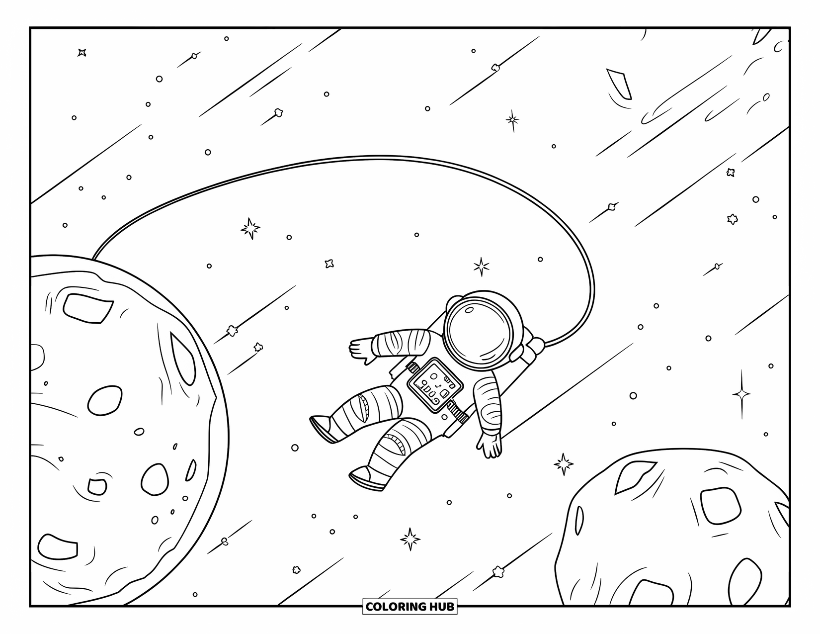 Galaxy Space Coloring Page for Kids: An astronaut floats between planets surrounded by stars