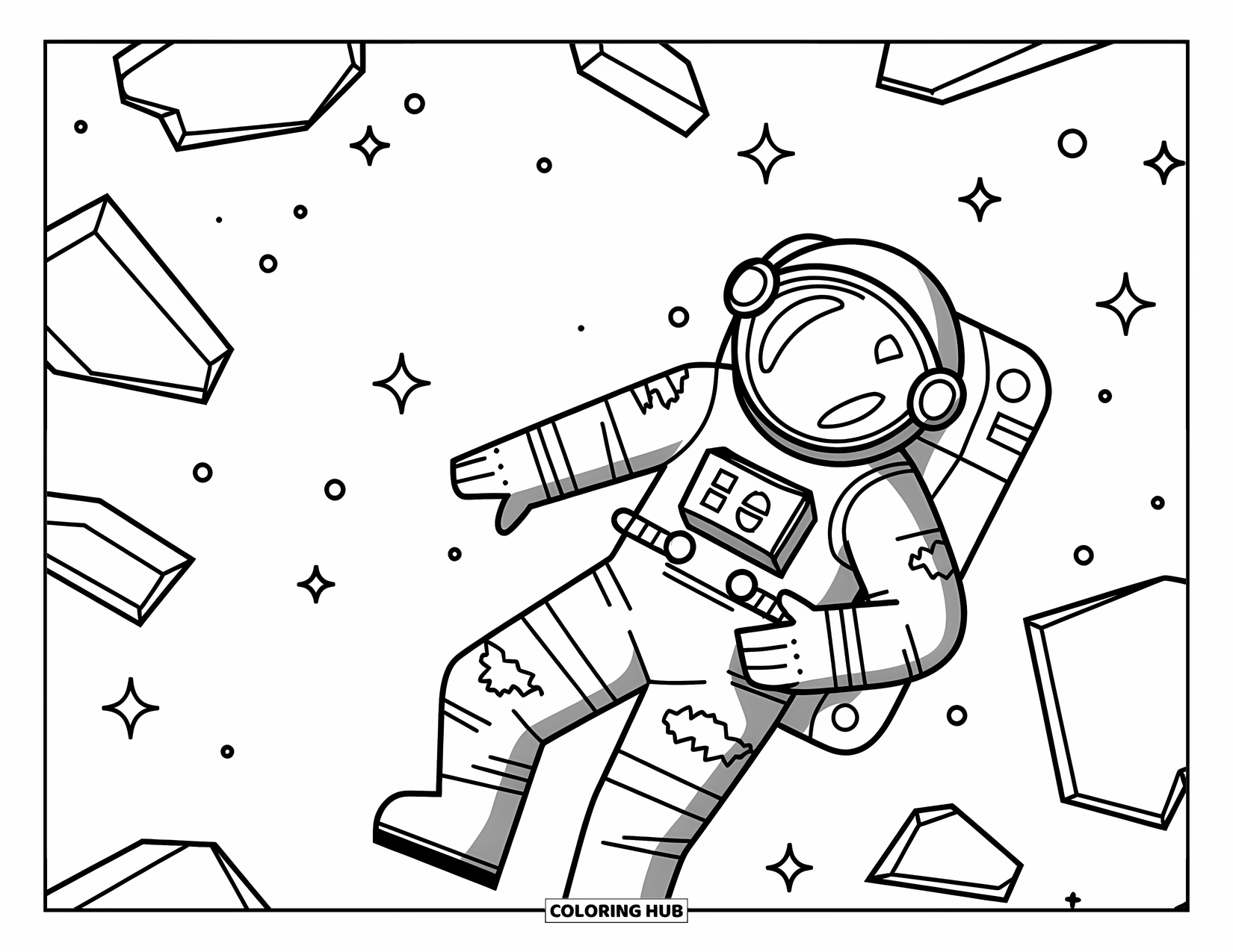 Galaxy Space Coloring Page for Kids: An astronaut floats through debris and fading stars in the vast galaxy