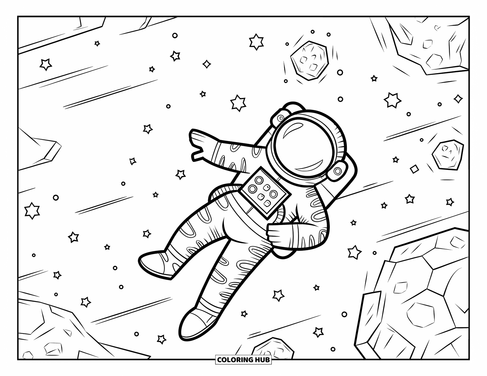 Galaxy Space Coloring Page for Kids: An astronaut surrounded by asteroids drifts among stars and galaxies