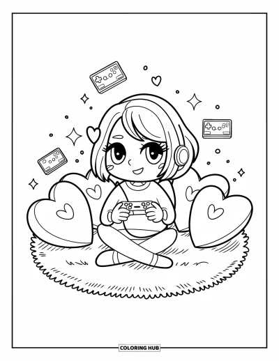 Gamer kifestő felnőtteknek: Chibi gamer szőnyegen ül kontrollert tart szíves párnák között