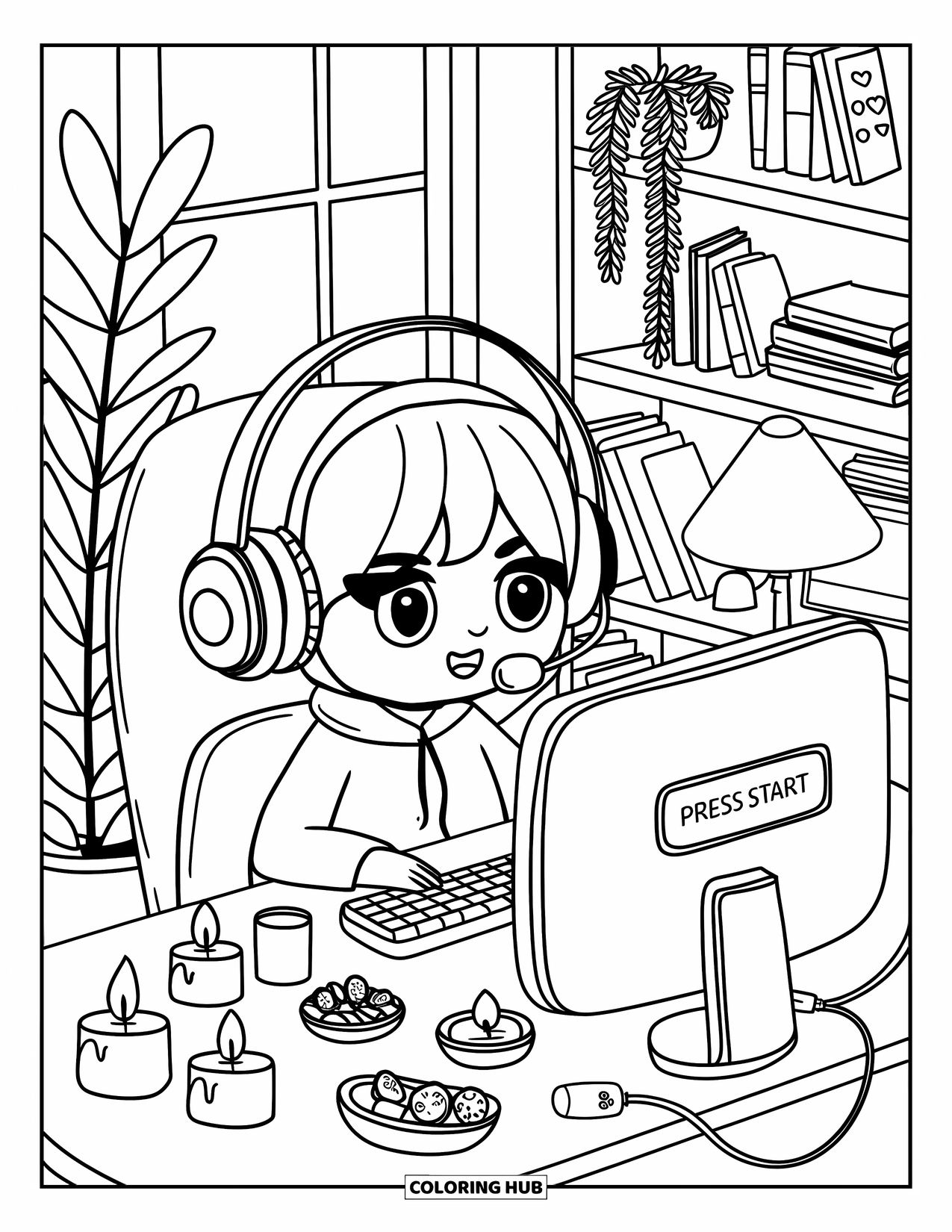 Gamer Coloring Page for Adults: A cozy game streamer at a desk with a monitor, snacks, and candles