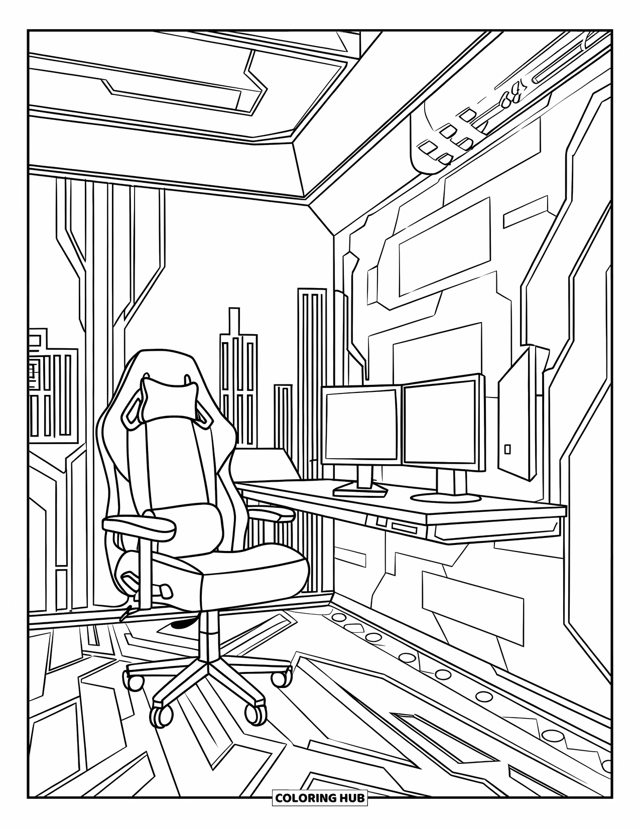 Gamer Coloring Page for Adults: A cyberpunk-style gaming room with neon lights and a cityscape view