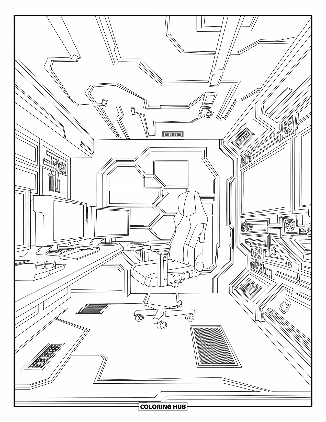 Gamer Coloring Page for Adults: A high-tech gaming room filled with neon elements and wiring