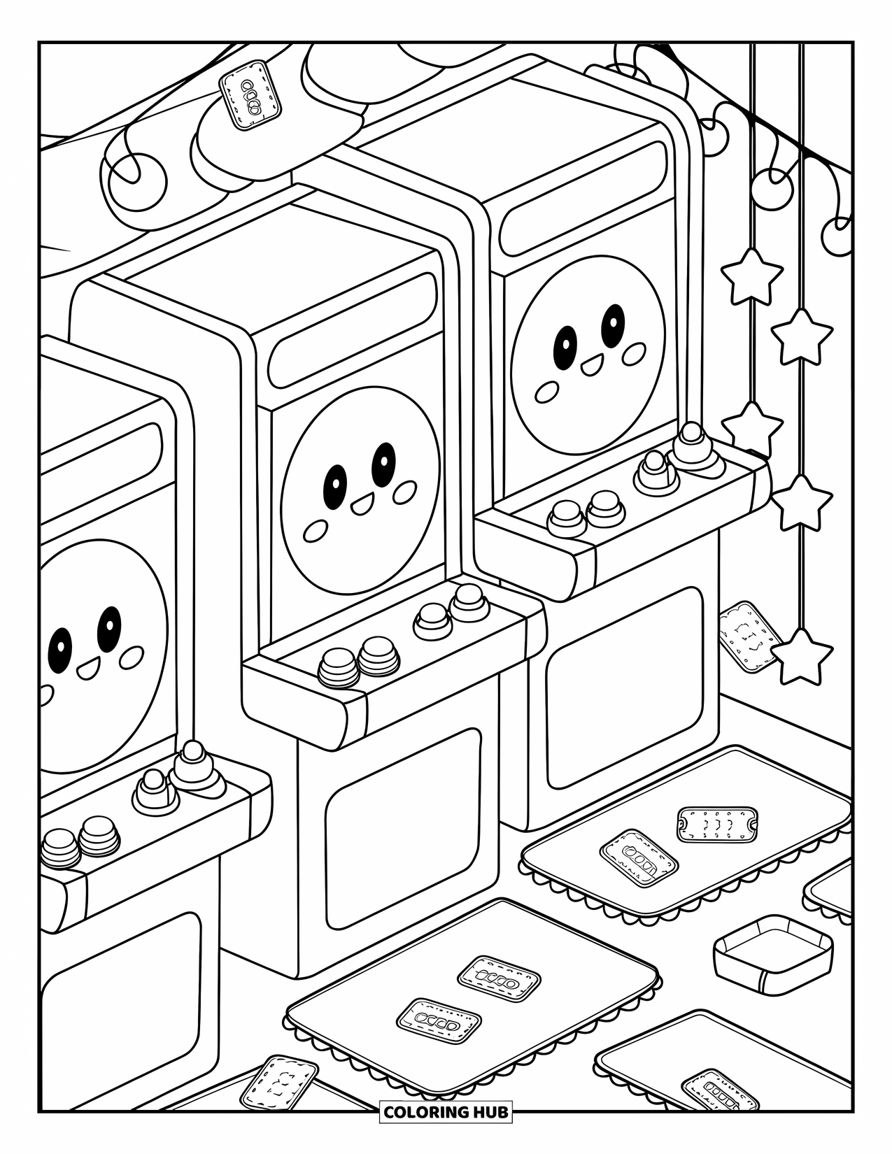 Gamer Coloring Page for Adults: A kawaii arcade corner with rounded machines, tickets, mats, and stars